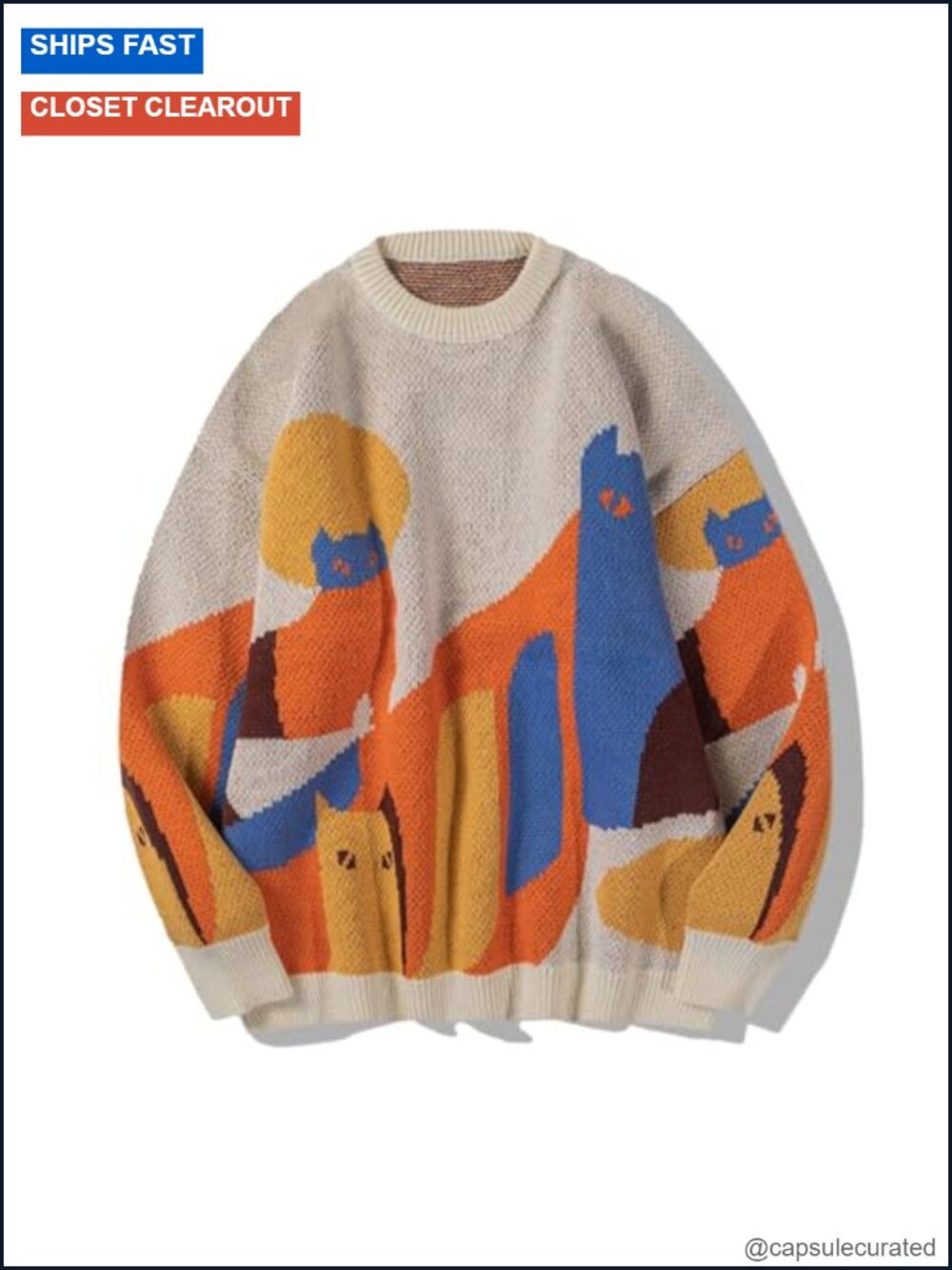 Oversized Crewneck Cat Sweater Color Block Vintage Knit Pullover Christmas Gift
